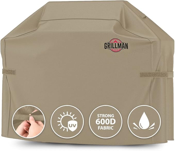 Grillman Grill Cover, BBQ Outdoor Grill Covers, Charcoal, Gas Grills, Waterproof, Rip-Proof, Weather-Resistant, Anti-UV, Barbecue Cover for Weber, Genesis, Charbroil, Nexgrill, etc (Tan, 60 Inch)