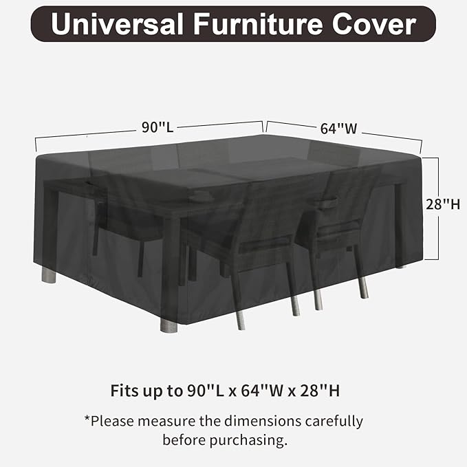 PureFit Patio Furniture Covers, Outdoor Table Furniture Cover Waterproof Rectangle, Patio Sectional Couch Set Cover for Deck, Lawn and Backyard, UV Resistant, 90"L x 64"W x 28"H, Black