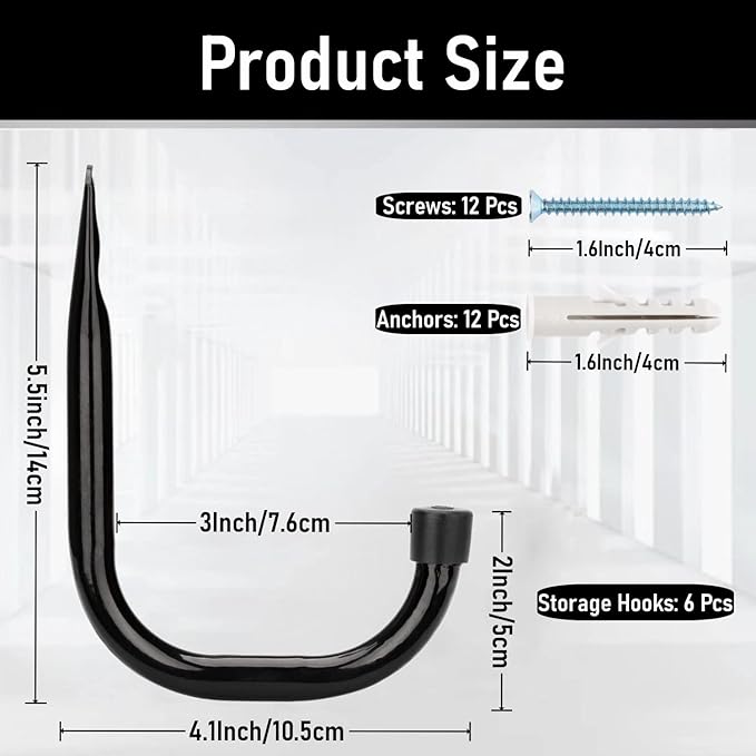 Garage Hooks, 6 Pack Heavy Duty Storage Hooks, 4.1Inch Garden Tool Utility Hooks, Fastening Hooks for Wall Mounting Load Capacity 45lbs