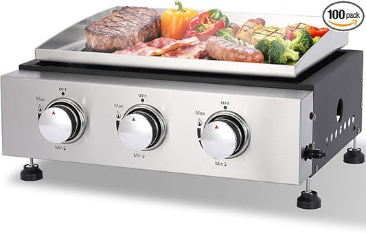 3-Burner Portable Tabletop Gas Griddle Grill with Stainless Steel Cooking Surface - Includes Protective Cover & Regulator, for Camping, Tailgating, Outdoor Cooking