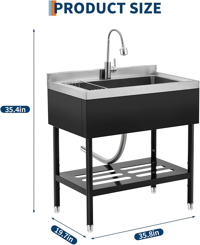 Stainless Steel Utility Sink, 36 x 20 x 35.5 Inch Freestanding Commercial Sink, Adjustable Leg with Hot and Cold Water Faucet, Hoses and Drain Kit, for Kitchen, Garage, Bathroom, Outdoor Use Black