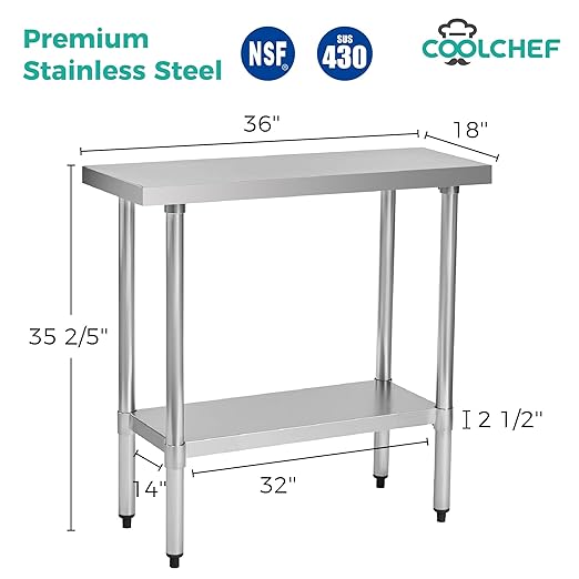 Stainless Steel Work Table 18 x 36 Inch, NSF Commercial Prep Table with Undershelf, Heavy Duty Food Prep Workstation