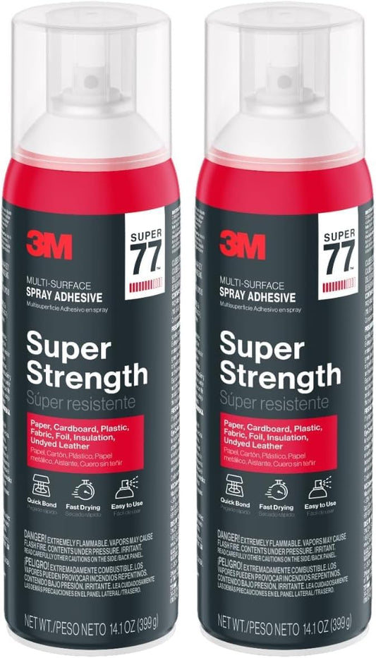 3M Super 77 Multi-Surface Spray Adhesive, 14.1 oz., Low VOC, Quick Bond, Fast Drying, Clear Finish for Foil, Foam, Paper, Metal, Plastic, Fabric, and Cardboard (77-NAT) (Pack of 2)