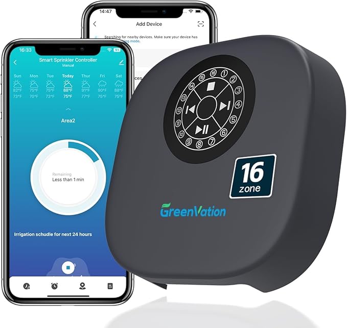 Smart Sprinkler Controller, 16-Zone/Station Irrigation System with APP Remote Control, GreenVation 2.4G/5GHz WiFi Water Timer for Outdoor Garden/Yard/Lawns (16 Zone)