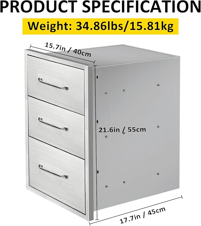 Outdoor Kitchen Drawers 15.7" W x 21.6" H x 17.7" D Flush Mount Triple BBQ Drawers with Chrome Handle Stainless Steel Drawer for Outdoor Kitchen Island, Patio Grill Station