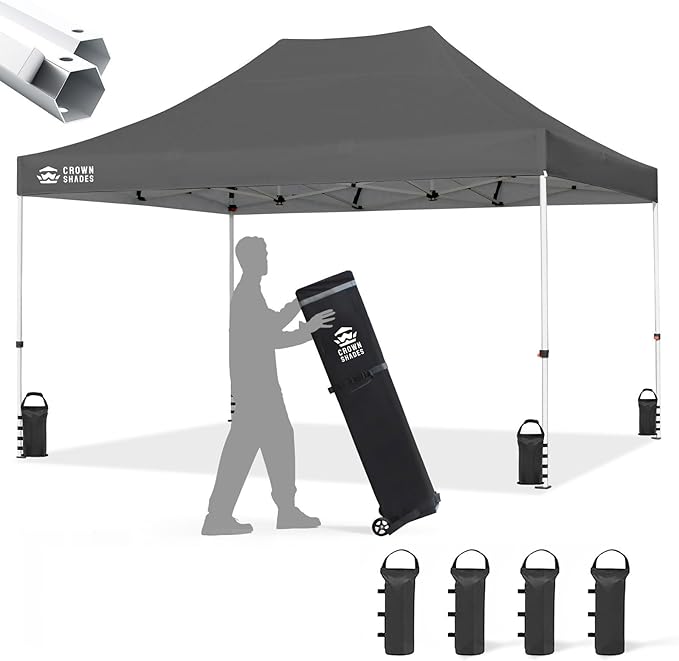 CROWN SHADES 10x15 Pop Up Canopy Tent, Thicken Frame Commercial Heavy Duty Tent, 8 Stakes & 4 Sandbags & 4 Ropes, Outdoor Canopies for Events, Parties,Grey
