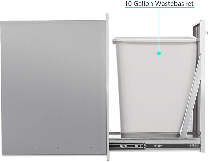 TIANAI 14" Single Pull-Out Trash Drawer Stainless Steel Outdoor Kitchen Trash Drawer Storage for One 10 Gallon Commercial Wastebasket