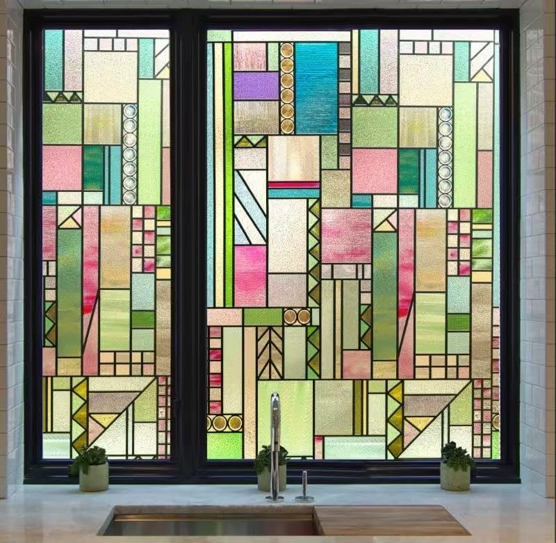 3D Stained Glass Window Privacy Film, Heat Control UV Blocking Static Cling Decorative Window Film for Bathroom,Front Door,Home Non Adhesive,Colorblock 35.4 x 78.7 inches