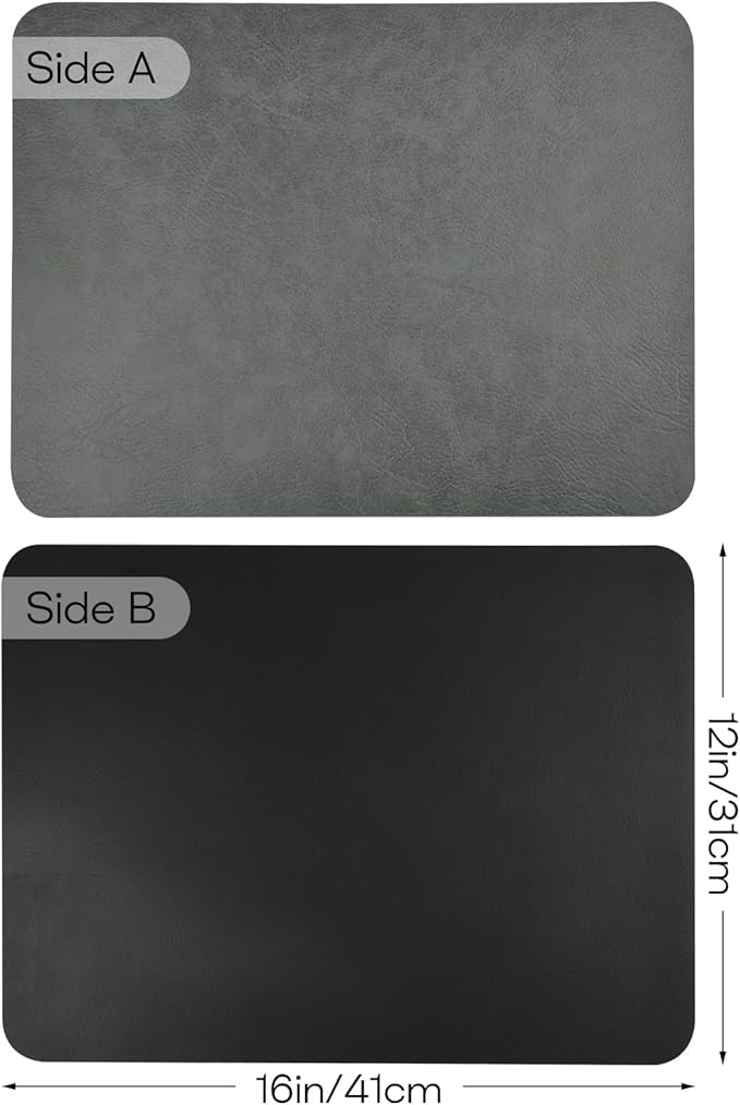PU Leather Placemats Set of 6 Table Mats Heat Resistant Kitchen Place Mats, Waterproof Wipeable Dining Table Placemats for Home Party Outdoor, 15.8 x 11.8 inches (Grey/Black)