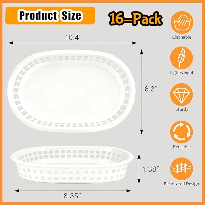 Fast Food Baskets 16-Pack, 10 x 6 Inch Plastic Oval Serving Baskets for Burgers,Bread, Fries & Sandwiches, Restaurant Diner Cafeteria Food Truck Party Use, Reusable&Stackable(White)