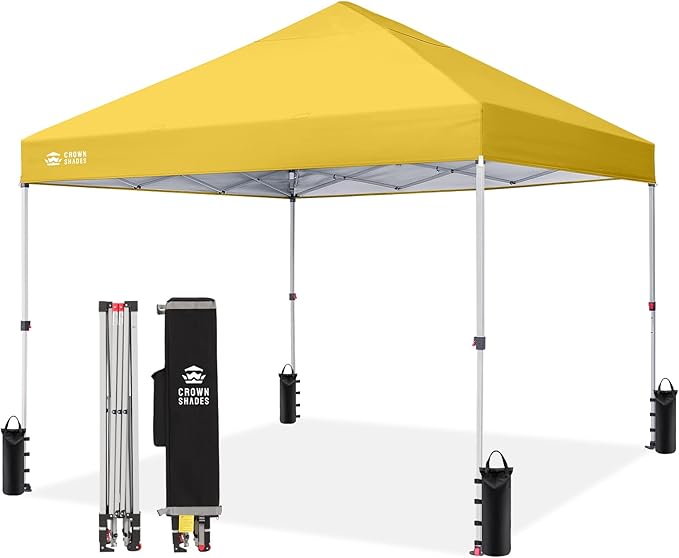 CROWN SHADES 8x8 Pop Up Canopy - Beach Tent with One Push Setup - Easy Outdoor Sun Shade for Events, Parties, Camping - Gazebo with STO-N-Go Cover Bag, Silver Coated Top, Yellow