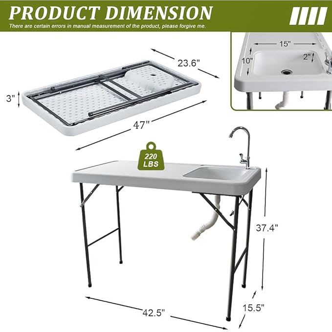 Folding Fishing Cleaning Table, 4ft Portable Foldable Camping Outdoor Tables, Fish Cleaning Sink Table with Faucet for Picnic Camping Kitchen Gardening, Style A