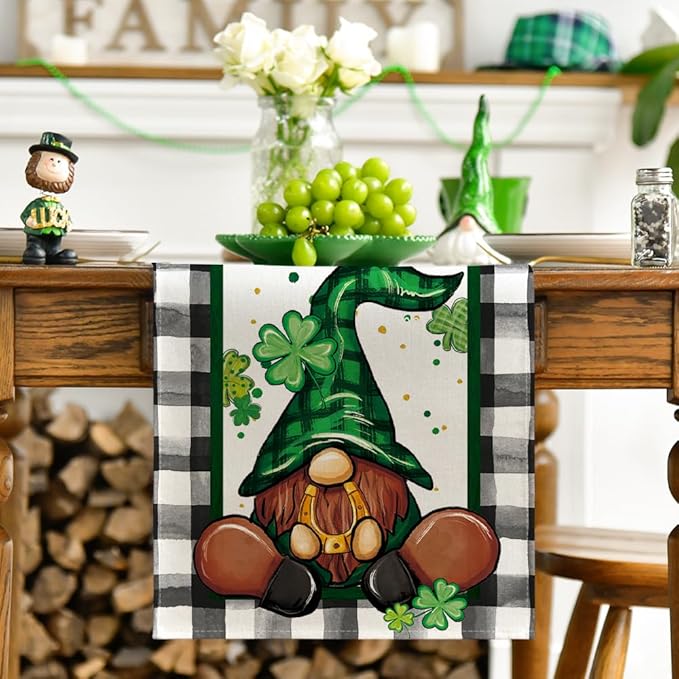 Artoid Mode Buffalo Plaid Shamrock Gnome St. Patrick's Day Table Runner, Seasonal Spring Holiday Kitchen Dining Table Decoration for Indoor Outdoor Home Party Decor 13 x 90 Inch