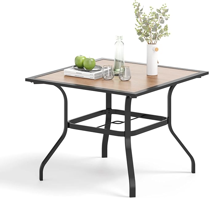 Outdoor Patio Square Dining Table, 37"x 37" Wood-Like Tabletop with Adjustable Umbrella Hole and Faux Wood Tabletop, All Weather Wrought Iron Black Outdoor Table for Deck Lawn Backyard