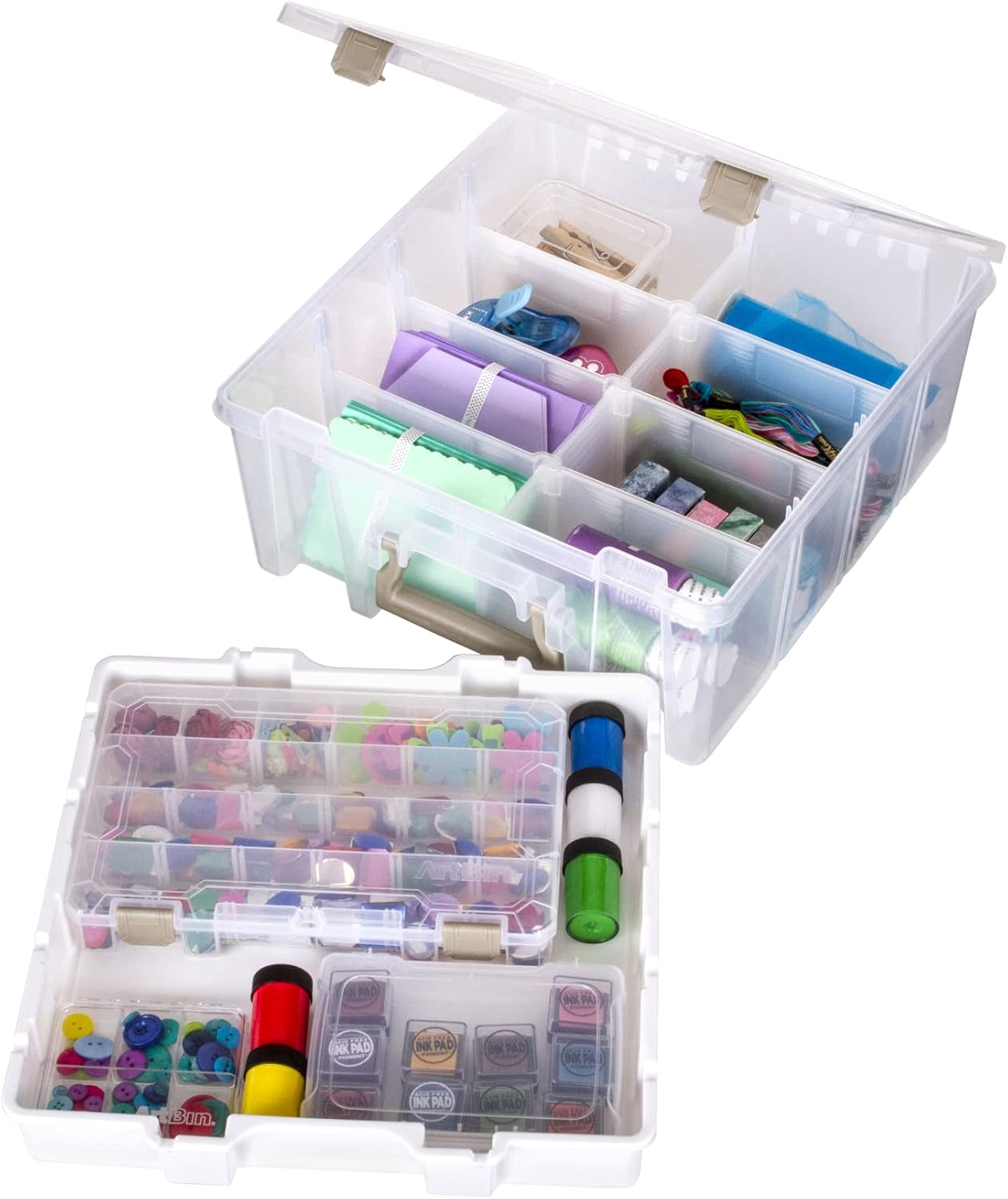 ArtBin 6899AZ Super Satchel Double Deep with Lift-Out Tray Storage Container, Portable Arts & Crafts Organizer with Removable Dividers, Clear