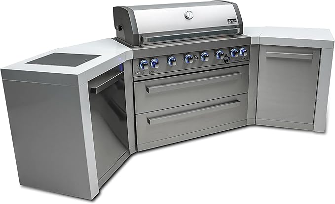 Mont Alpi 44-Inch MAi805-D45 Deluxe 45 Degree 6-Burner 115000 BTU Deluxe Stainless Steel Island Outdoor Kitchen Gas Barbecue Grill w/Granite Countertops & Sides + Storage Drawers & Cabinets