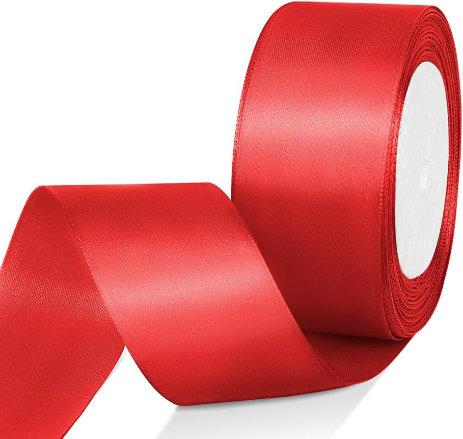 1-1/2" x 25 Yards Satin Ribbon, Red Silk Ribbon Ideal for Gift Wrapping, Floral Bouquets, Crafts, Wedding Party Decorations, Christmas and Sewing Projects