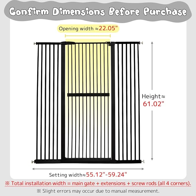 Lumizone Extra Tall Cat Gate 61.02" High Pressure Mounted Extra Wide 55.12"-59.24" (17Sizes) 1.37" Gap No Drilling Auto-Close Tall Pet Gate for Dogs (Black, 55.12"-59.24" W)
