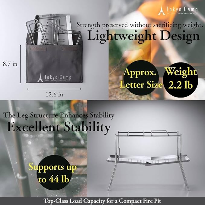 TokyoCamp HAKOSUKA Portable Fire Pit, Foldable Stainless Steel Wood Burning Stove, 11.9 x 8.5 x 10.6 in, Supports up to 44 lb Firewood, Lightweight Grill for Camping, BBQ & Bonfire