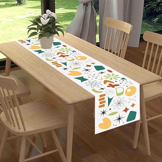Mid Century Table Runner, Retro 1950s Atomic Pattern Modern Abstract Geometric Coffee Table Center Decor for Home Kitchen Dining Patio Holiday Party Indoor Outdoor Table Decorations, 13"x90" Inch