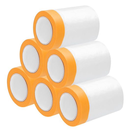 uxcell 6 Rolls Painters Plastic with Tape, 2 x 59 Ft Pre-Taped Masking Film Tape and Plastic Film Paint Plastic Covering Roll for Covering Skirting, Frames and Auto Body, Yellow/Clear