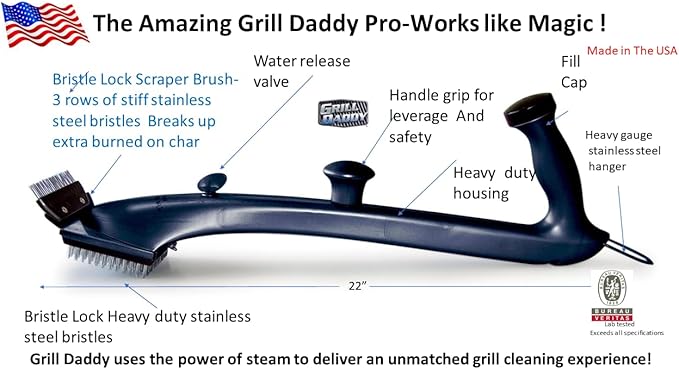 Grill Daddy Pro Made in USA - Ultimate Grill Brush for Outdoor BBQs & Grilling Accessories, Steam Cleaning Power, 22" Handle