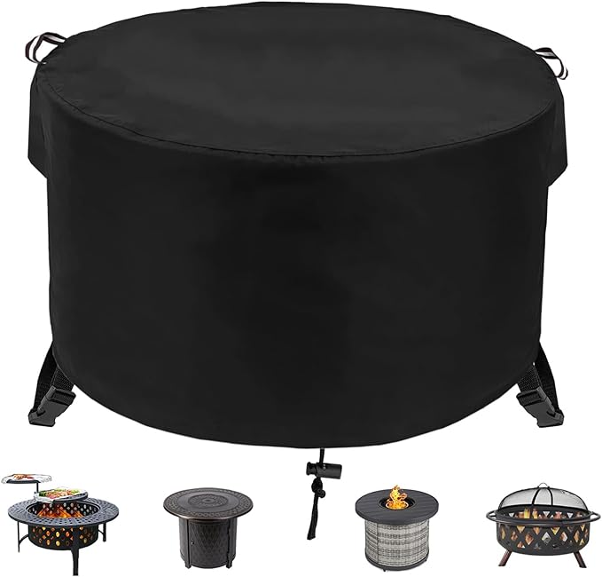 Round Fire Pit Cover 36" Dia X 24" H, 600D Strong Tear Resistant, Waterproof & UV Resistant Outdoor Cover, Fit for 33",34" ,35",36" Round Gas Firepits, Fire tables or Fire bowls, Black