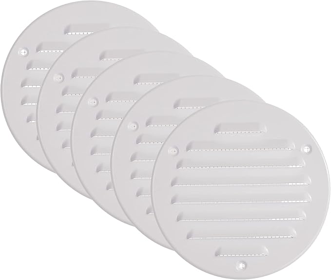 Vent Systems - 4 Inch (Inner) Pack of 5 White Metal Round Soffit Air Vent Grille Cover, Register air Vent Deflector, Louver - Built-in Mesh - HVAC for Bathroom, Home Office, Kitchen 5 Inch (Outer)
