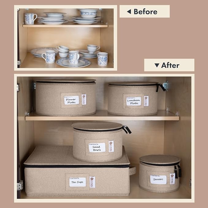 China Storage Hard Shell Containers 5-Piece Set Moving Boxes for Dinnerware, Glasses, Plates, Mugs and Saucers Sturdy Dish Organizer with Dividers for Seasonal Storage - Service for 12 - Brown