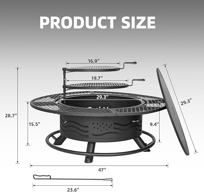 47 Inch Fire Pit with 2 Cooking Grates, Outdoor Wood Burning BBQ Grill Firepit Bowl with Cover Lid, Steel Round Table for Backyard Bonfire Patio Picnic (Black, 47IN)
