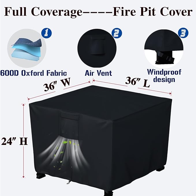 Chinchilla Heavy Duty 36 Inch Square Fire Pit Cover - 100% Waterproof & Weatherproof, Durable All-Season Protection for 32/33/34/35/36 Inch Propane Fire Pits and Tables