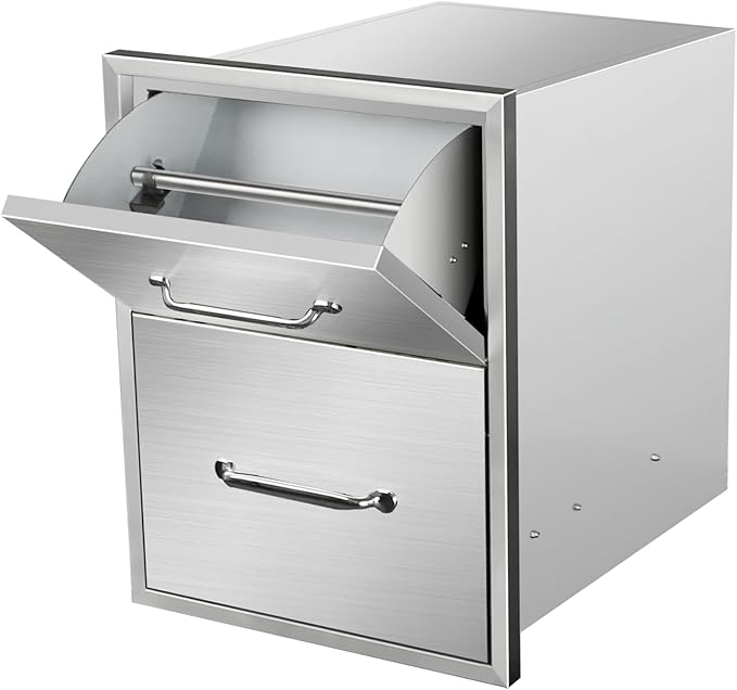 Outdoor Kitchen Drawers with Paper Towel Holder 16" W x 20" H x 20" D Flush Mount BBQ Drawers with Chrome Handle,Stainless Steel Built-in Double Access Drawers for Outdoor Kitchen Island