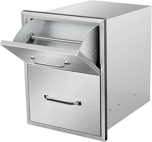 Outdoor Kitchen Drawers with Paper Towel Holder 16" W x 20" H x 20" D Flush Mount BBQ Drawers with Chrome Handle,Stainless Steel Built-in Double Access Drawers for Outdoor Kitchen Island