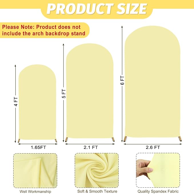 MODFUNS Light Yellow Arch Cover Set of 3 Spandex Arch Stand Cover 4ft 5ft 6ft Fitted Round Top Chiara Arch Covers Stretchy Arch Covers Fabric for Birthday Party Ceremony Decoration