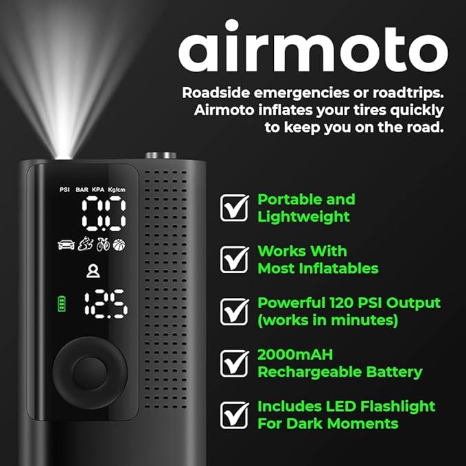Airmoto Tire Inflator Portable Air Compressor - Air Pump For Car Tires with Digital Pressure Gauge, LED Light and Auto Shut-Off Function - Cordless Pump for Car, Motorcycle, Bicycle, Ball