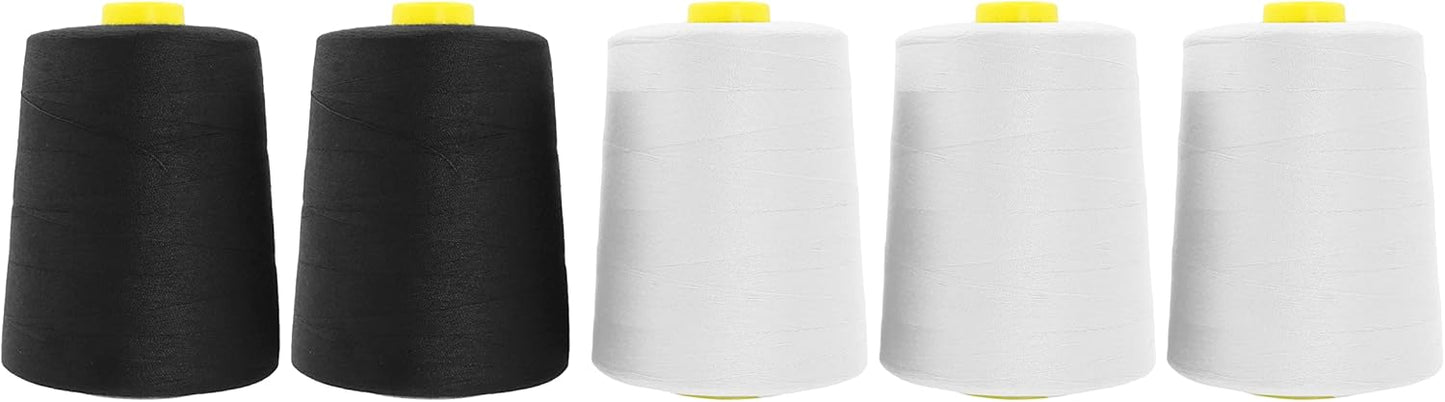 Mandala Crafts 5 Pack of Serger Threads Cones Spools - 20S/2 30000 Yards Polyester Black White Threads for Sergers Machine and Overlock Quilting Sewing Machine