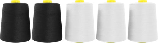 Mandala Crafts 5 Pack of Serger Threads Cones Spools - 20S/2 30000 Yards Polyester Black White Threads for Sergers Machine and Overlock Quilting Sewing Machine
