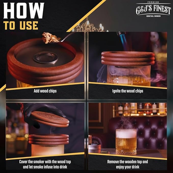 Whiskey Smoker Kit | Cocktail Smoker Kit| Bourbon Smoker Kit| Old Fashioned Smoker Kit with Quad Flame Torch, 6 Wood Chips & Wooden Box for Smoking Drinks| Whiskey Gift for Men (No Butane Incl.)
