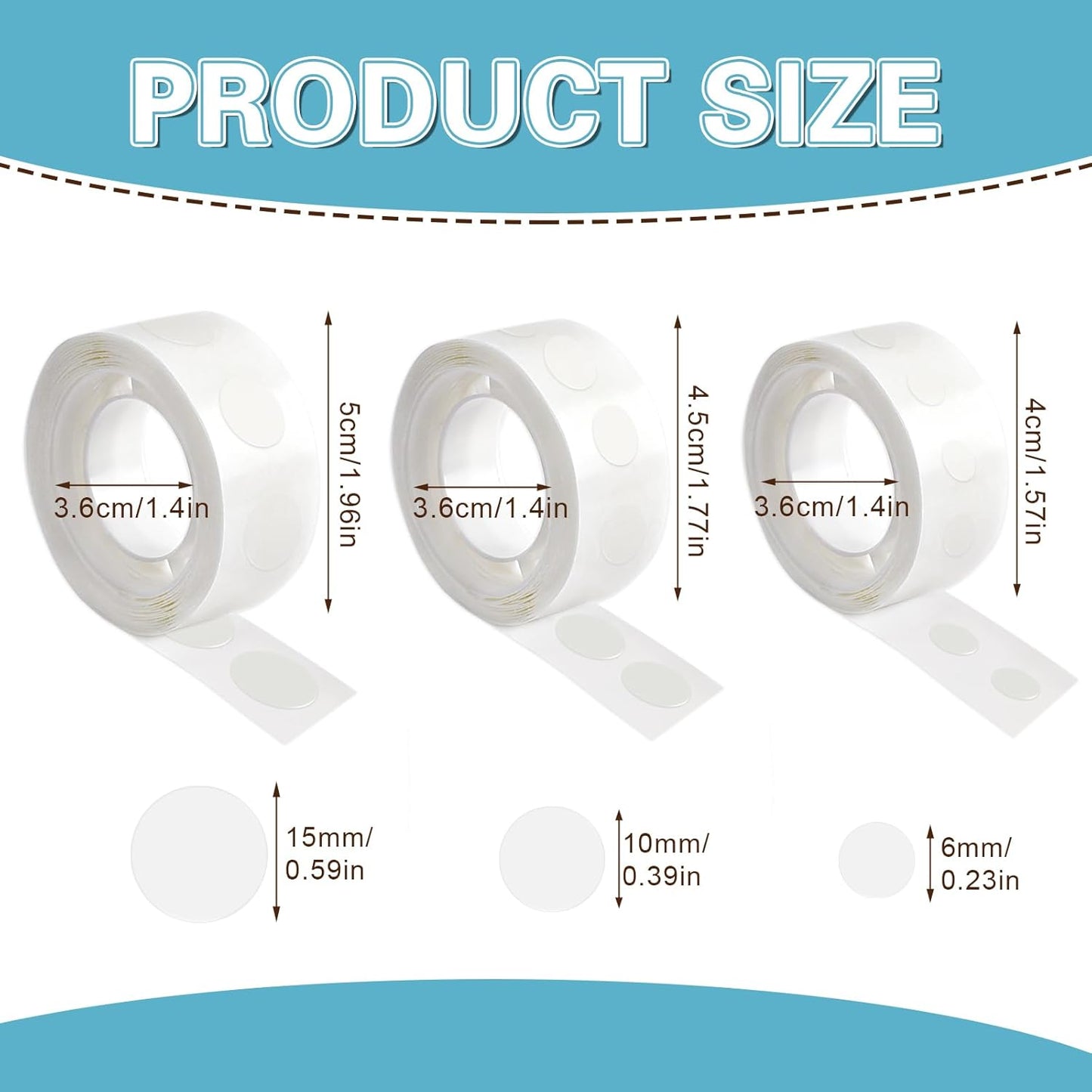 UPINS Glue Points Dots, 1500Pcs Balloon Glue Adhesive Dots, Double Sided Removable, 6mm, 10mm, 15mm