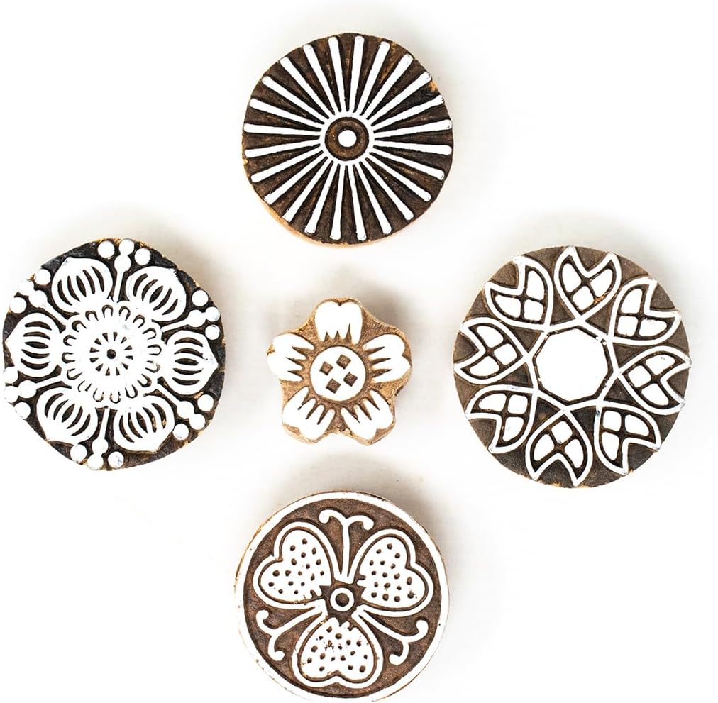 Hashcart Wooden Indian Traditional Design Printing Stamps/Blocks for Printing Saree Border/Dresses/Craft Card Making/Scrapbook/Clay Pottery (Set of 5)