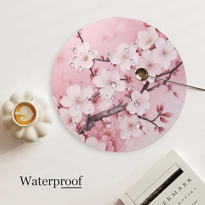 Round PU Leather Placemats Set of 4,Pink Cherry Blossoms Flowers Ding Round Table Placemat Easy to Clean Heat-Resistant Waterproof Non-Slip Place Mats for Party Coffee Bar,13inch