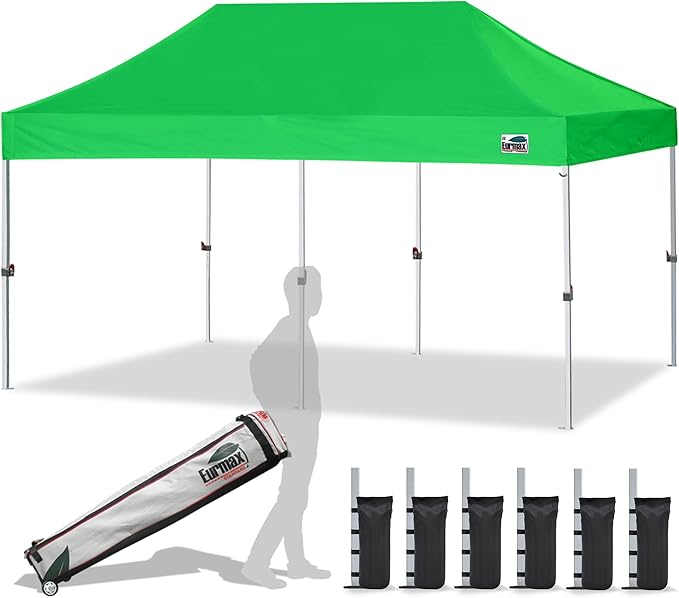 Eurmax USA 10'x20' Pop Up Canopy Tent Commercial Instant Canopies with Heavy Duty Roller Bag,Bonus 6 Sand Weights Bags (Kelly Green)