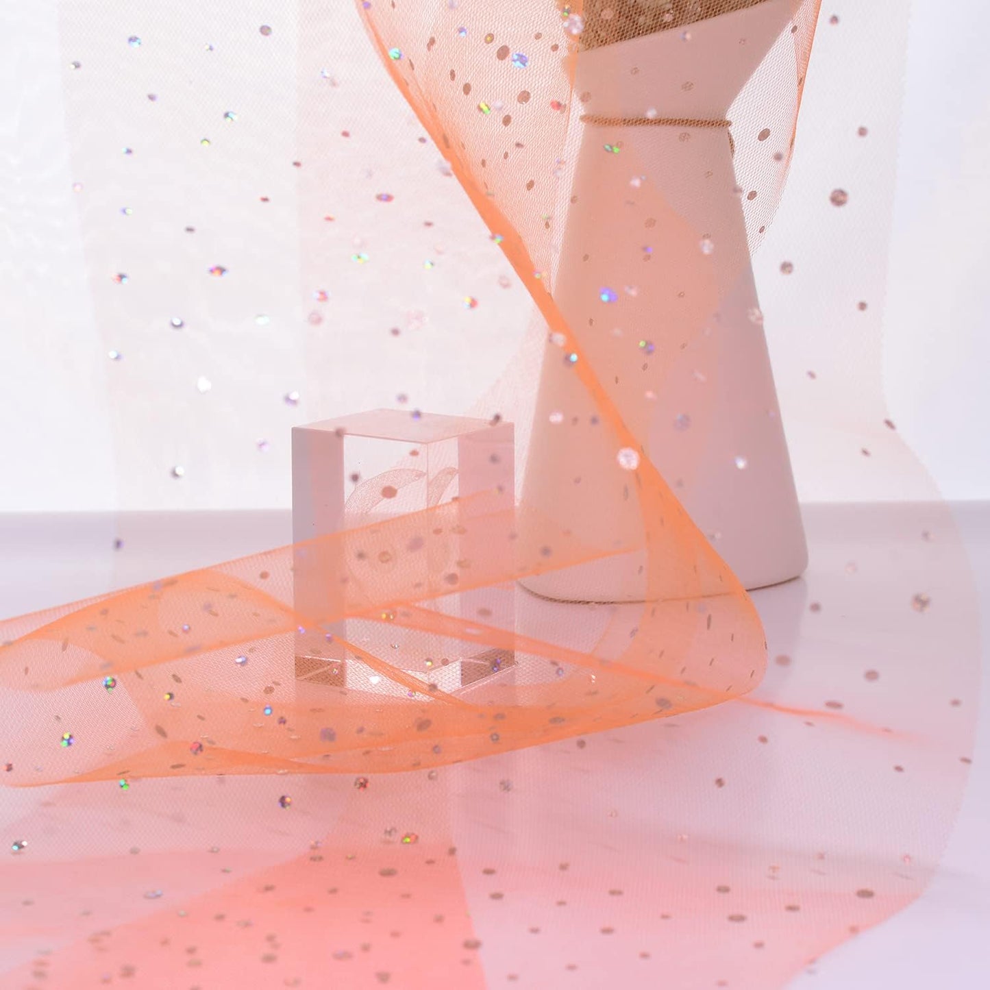 Glitter Tulle Rolls, 6' by 50 Yards (150FT) Sequin Tulle Netting Fabric for Tutu Skirts Sewing Birthday Wedding Party Decoration (Orange)