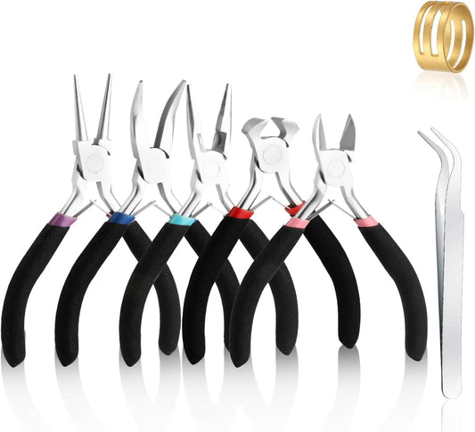 5 Pcs Jewelry Making Pliers Tools with Needle/Chain Nose Pliers, wire cutters Round Nose, Bent Nose-Matte Handle,jewelry making supplies for adults