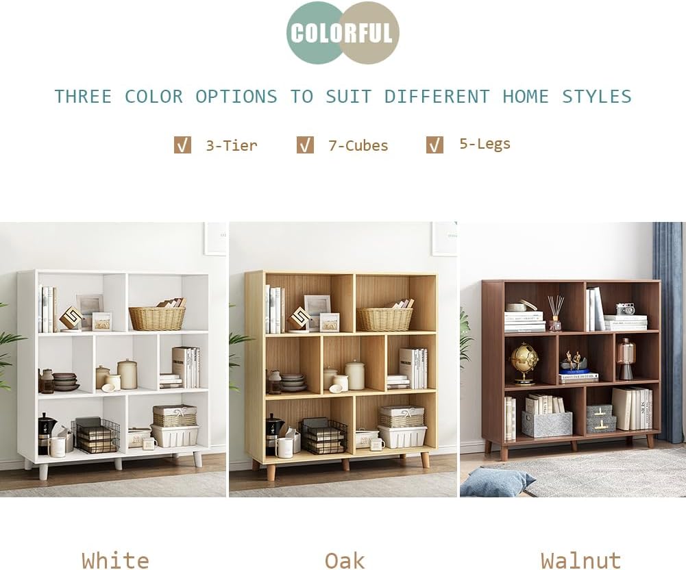 IOTXY Open Cube Low Bookcase - 3-Tier Freestanding Storage Display Cabinet Organizer with Legs for Home Office, 7-Cubes Open Shelf Short Bookshelf, Oak