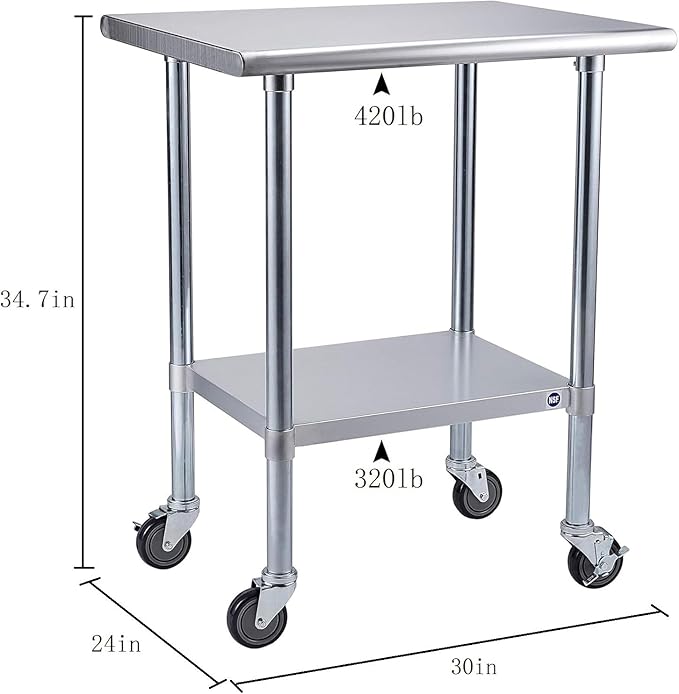 ROCKPOINT Stainless Steel Table for Prep & Work with Caster Wheels 24x30 Inches, NSF Metal Commercial Kitchen Heavy Duty Table with Adjustable Under Shelf and Table Foot for Restaurant, Home and Hotel