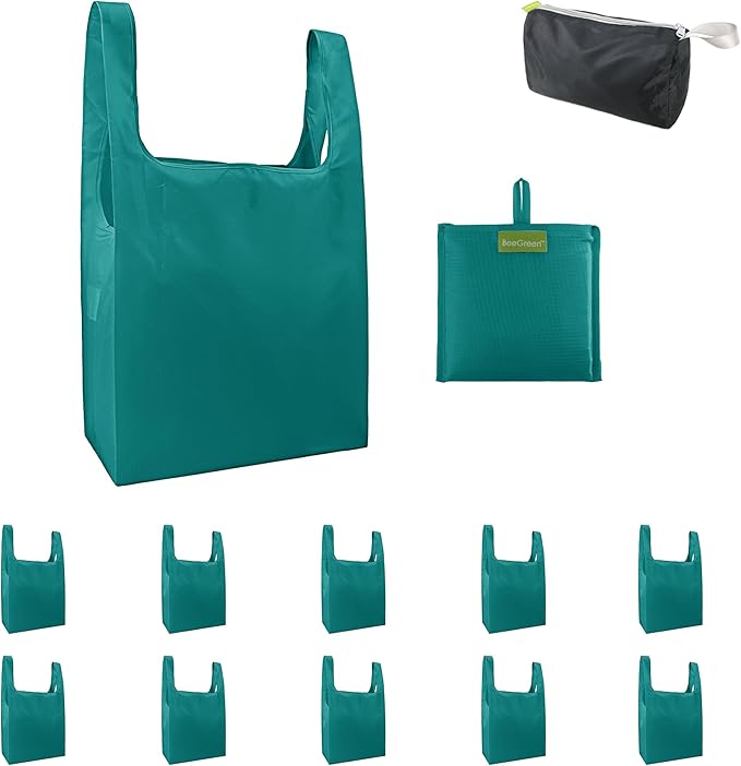 BeeGreen Marrs Reusable Grocery Bags Wholesale Gray Reusable Kitchen Bags Bulk Foldable-Machine Washable with Zipper Storage Pouch 10 Packs