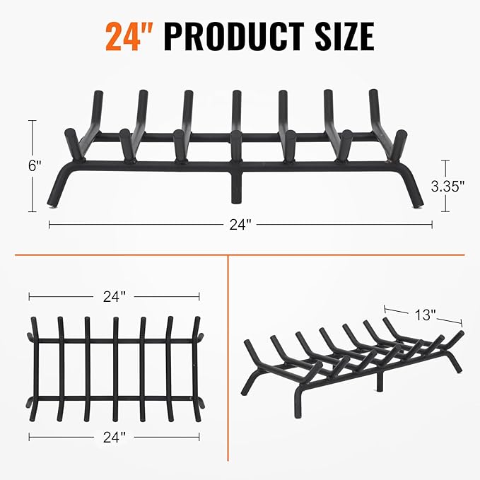 Fireplace Grate 24 inch - Fireplace Log Grates Heavy Duty Solid Round Steel | Fireplace Log Holder No Assembly | Burning Wood Log Rack for Indoor Chimney Hearth & Outdoor Camping