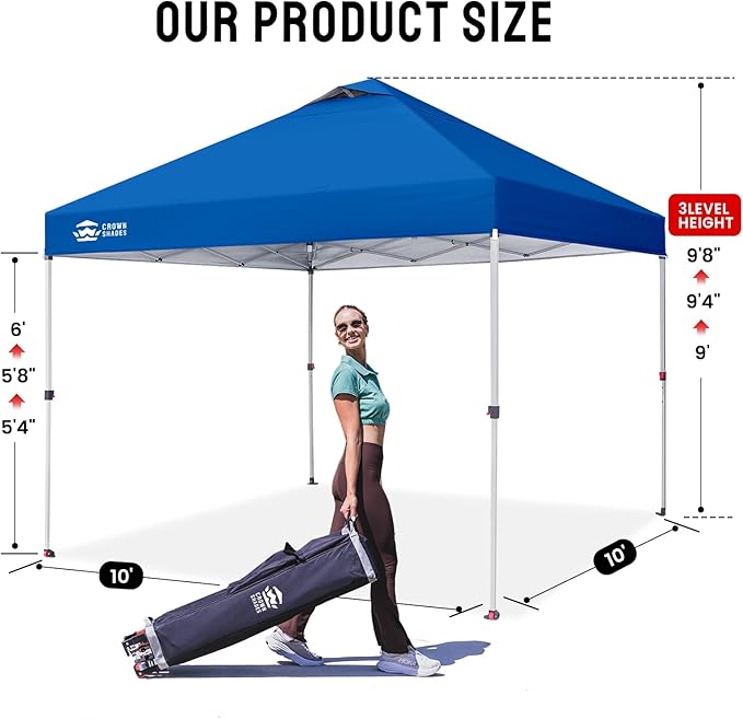 CROWN SHADES 10x10 Pop Up Canopy - Beach Tent with One Push Setup - Easy Outdoor Sun Shade for Events, Parties, Camping - Gazebo with STO-N-Go Cover Bag, Silver Coated Top, Blue