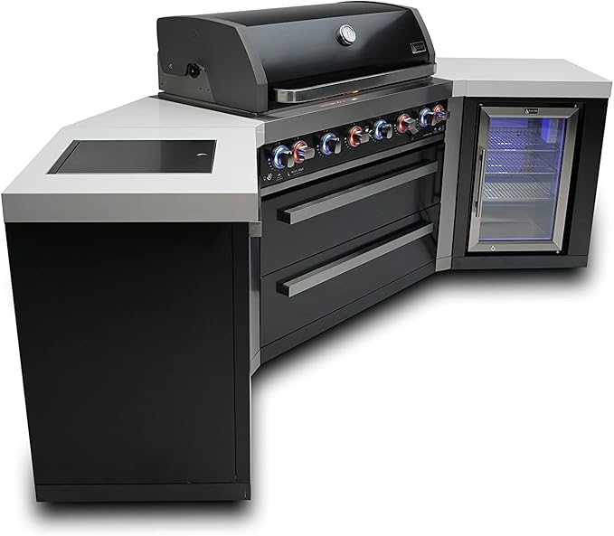 Mont Alpi MAi805-BSS45FC 44-inch 6-Burner 115000 BTU 45 Degree Black Stainless Steel Gas Outdoor Kitchen Bar Island Grill w/Fridge Cabinet + Infrared Side & Rear Burner